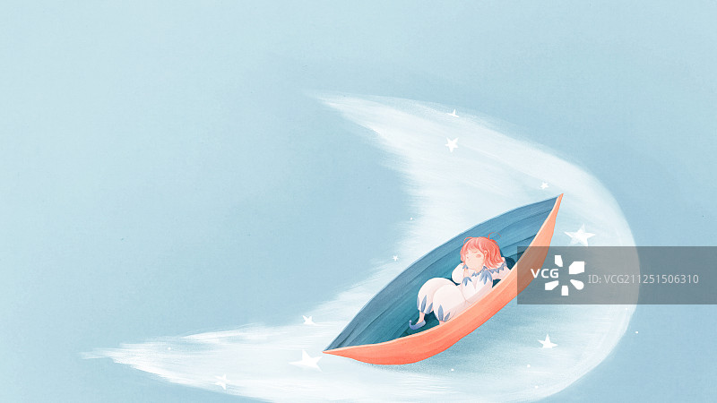 在月亮中蜷缩着睡在小船中的孩子幻想手绘插画图片素材