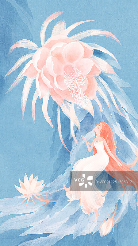盛开的昙花下坐着的白裙长发少女幻想手绘插画图片素材