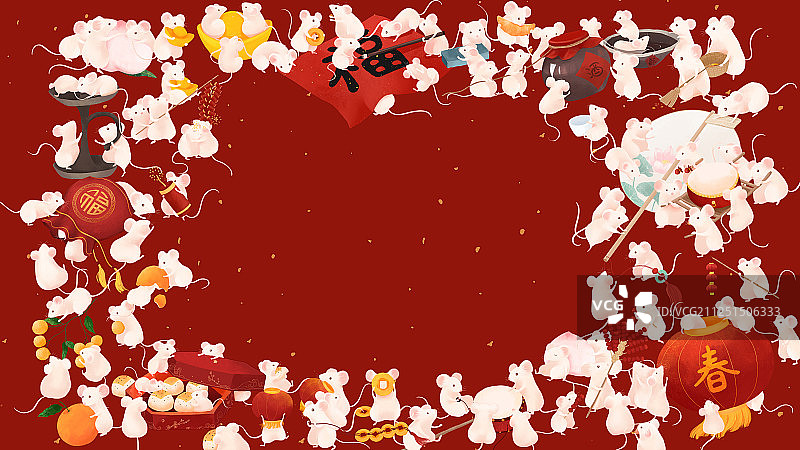 百鼠闹春鼠年春节喜庆手绘插画横版图片素材