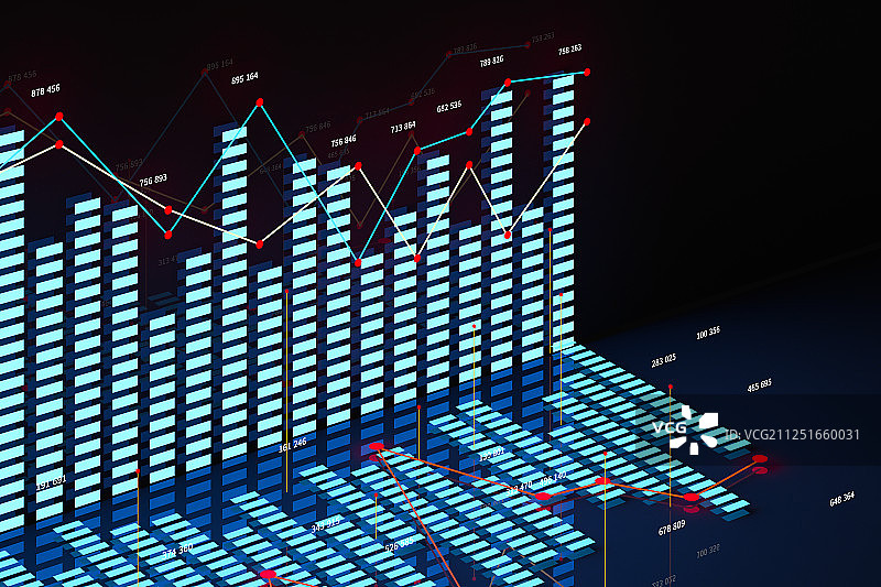 黑暗背景下的条形图与数字图表，三维渲染图片素材
