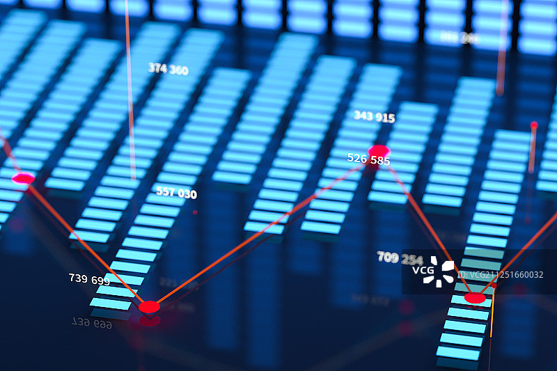 黑暗背景下的条形图与数字图表，三维渲染图片素材