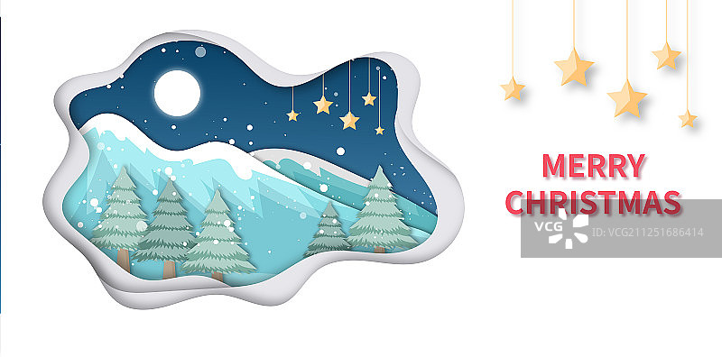 冬天夜晚月亮照耀着雪山和森林，圣诞节平安夜的剪纸风格插画背景图片素材