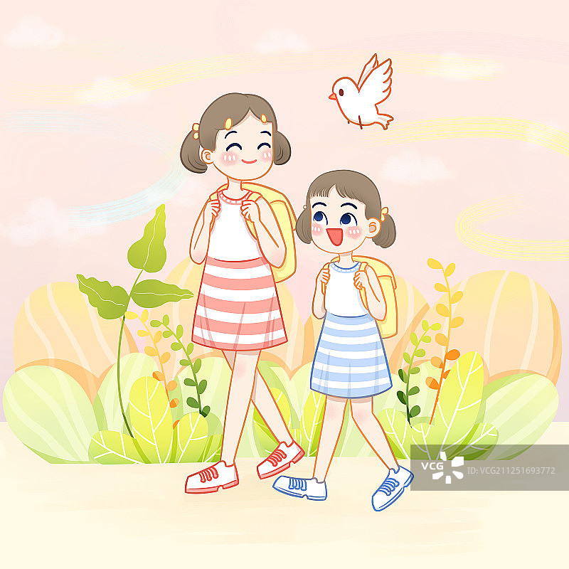 好姐妹一起上学去图片素材