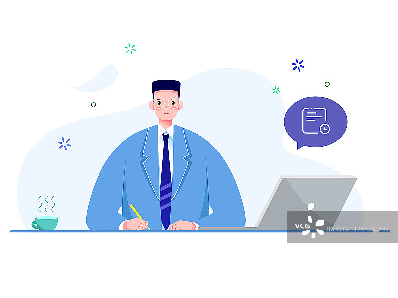 一个男性职员在办公桌前认真工作图片素材