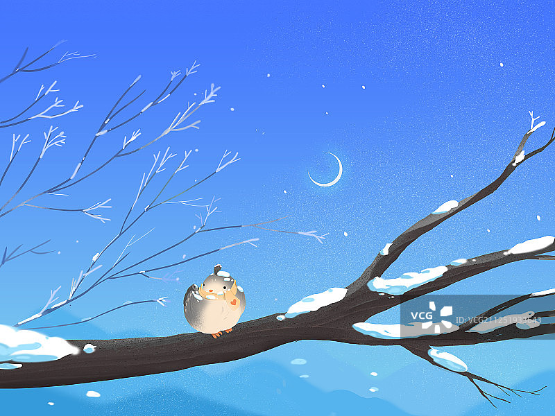 初冬小雪站在树枝上圆滚滚的小鸟图片素材