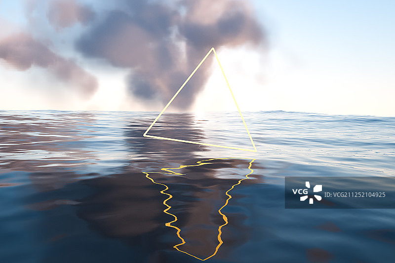 平静海面上的创意云朵与三角形线条 三维渲染图片素材