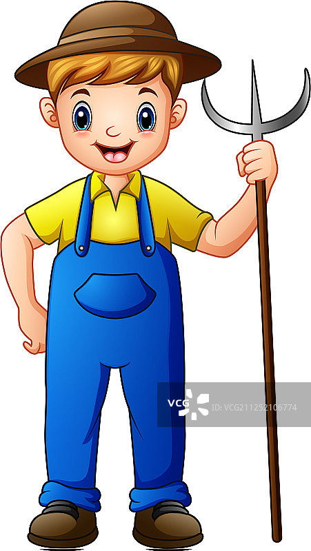 手持草叉的可爱年轻农民图片素材