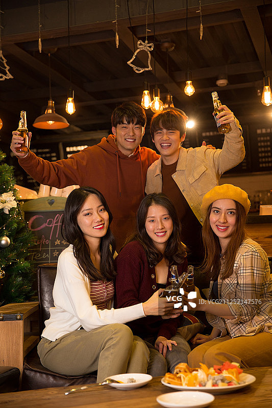 五个青年男女在酒馆聚会喝酒干杯欢度圣诞节图片素材