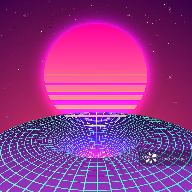 霓虹色80年代风格的扭曲空间黑洞图片素材