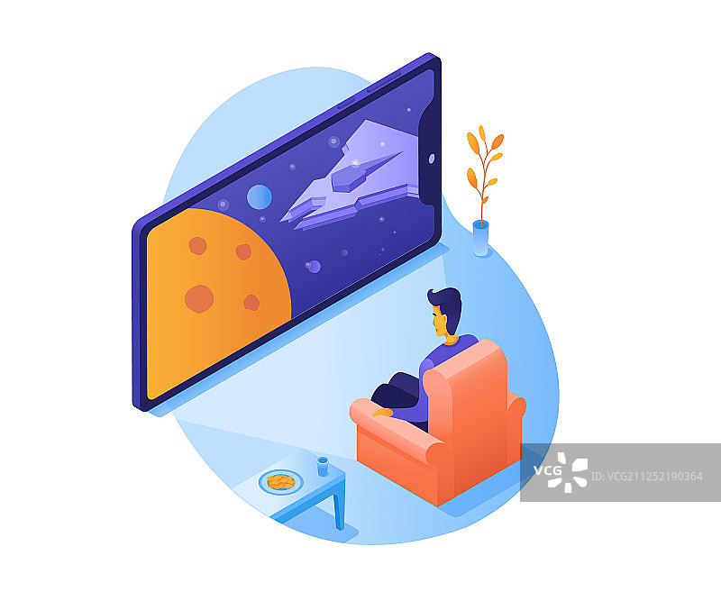 观看科幻电影2.5D插画图片素材