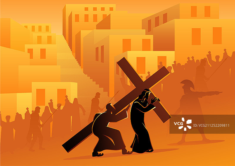 西蒙·昔勒乃人帮助耶稣背十字架图片素材