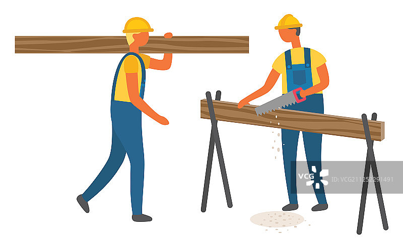 建造者搬运和锯木头图片素材