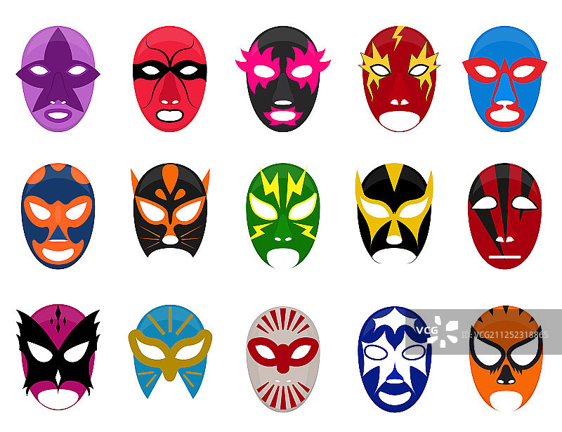 卡通彩色墨西哥摔跤面具图标集图片素材