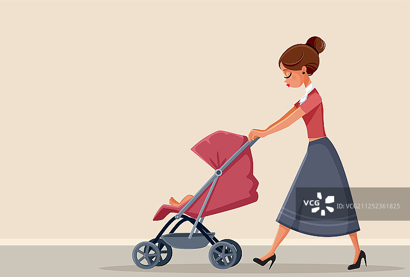 年轻母亲推着婴儿车图片素材