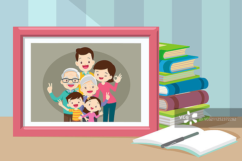 桌子上相框里的家庭照片图片素材