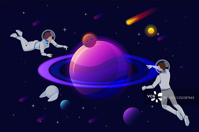 2.5D宇航员和机器人在太空行走图片素材