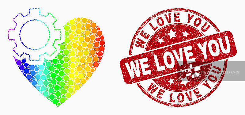 明亮的像素心形齿轮图标和Grunge风格图片素材