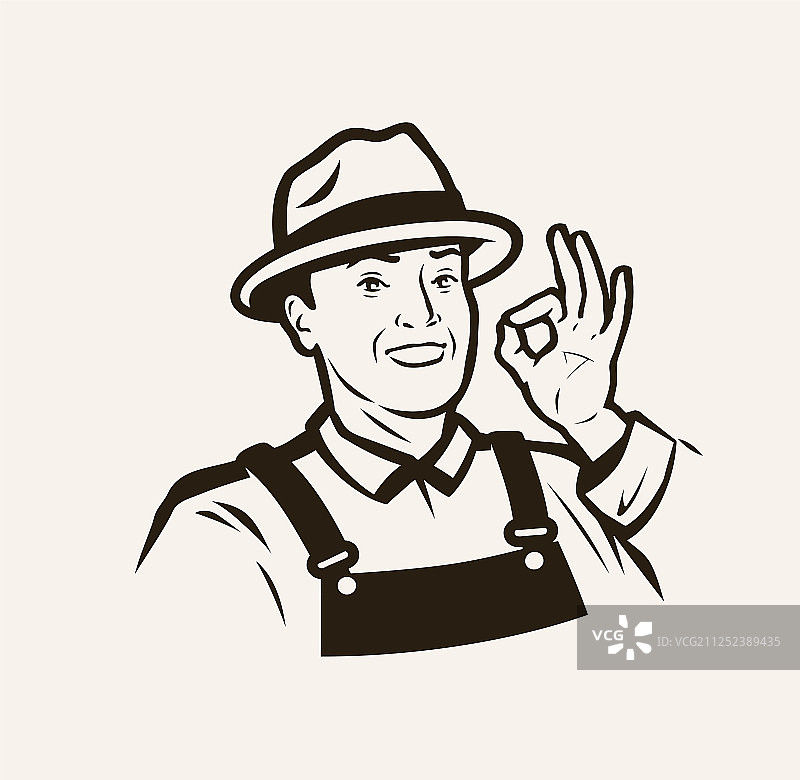 戴帽子快乐农民的素描肖像图片素材