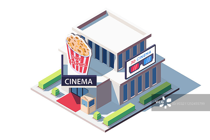 带有爆米花的2.5D公共电影院建筑图片素材