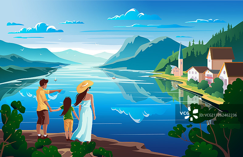 家庭欣赏美丽的自然山景图片素材