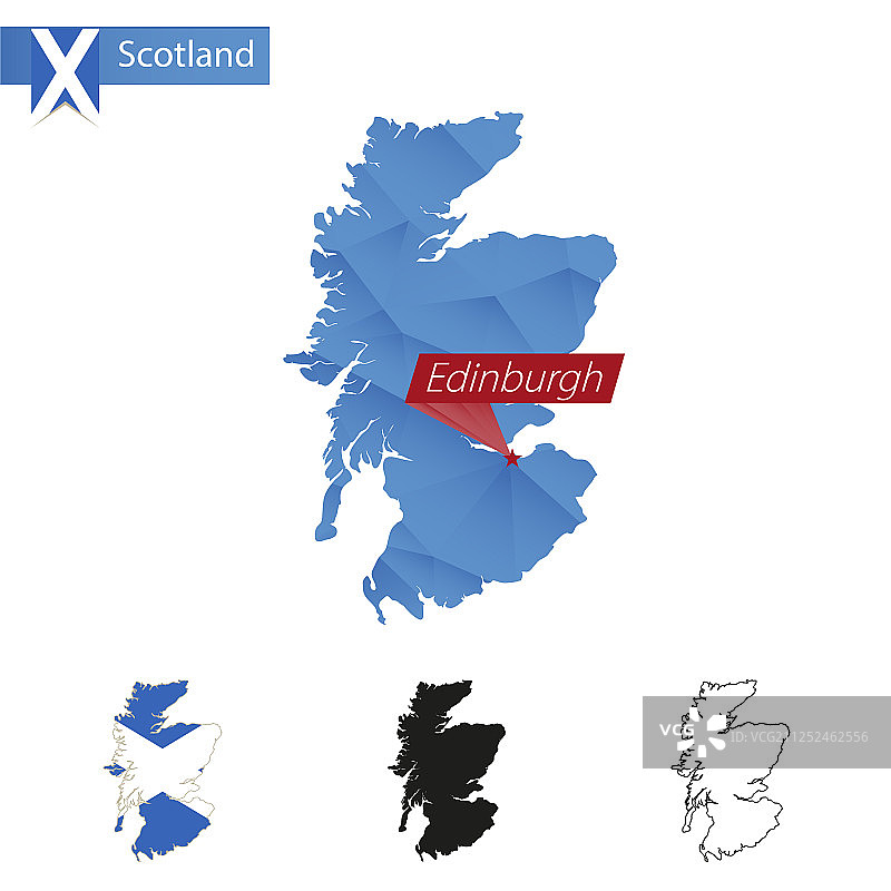 蓝色低多边形苏格兰地图与首都爱丁堡图片素材