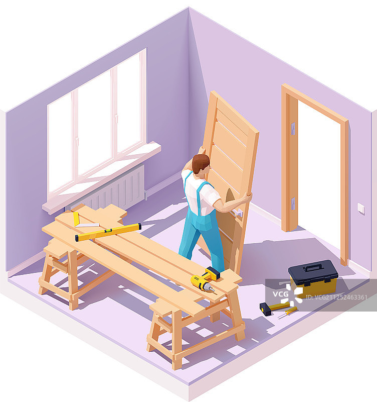 2.5D工人安装门场景图片素材