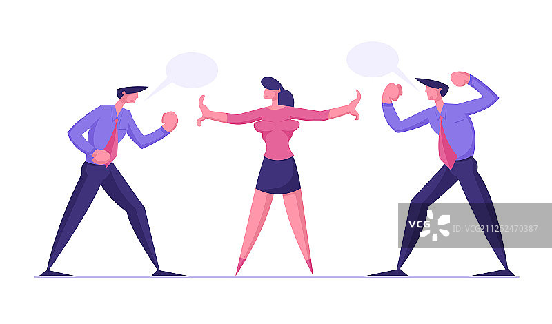 女商人充当愤怒男人间的裁判图片素材