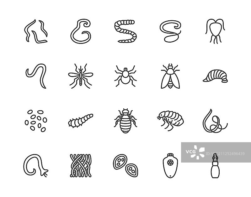 寄生虫扁平线条图标集：肠道蠕虫图片素材