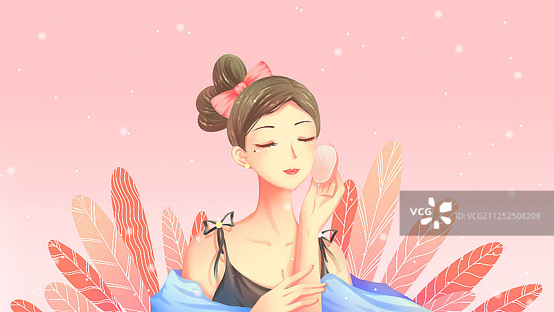 美丽的少女在化妆，身后是植物，粉色唯美卡通美妆插画图片素材