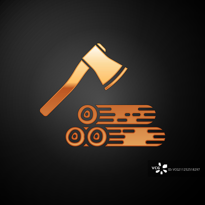 黑色背景上的金色木制斧头和木头图标图片素材