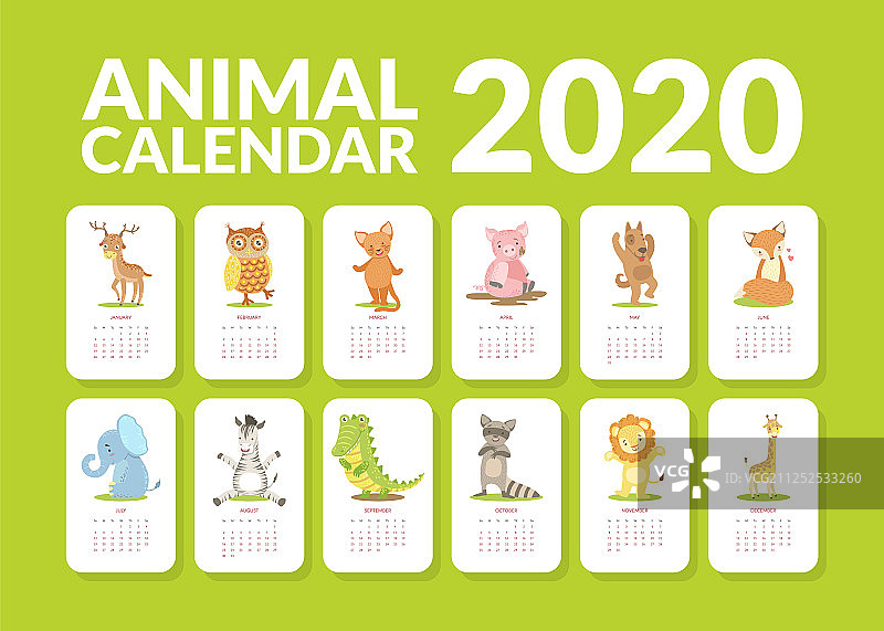 2020年每月日历（可爱动物图案）图片素材