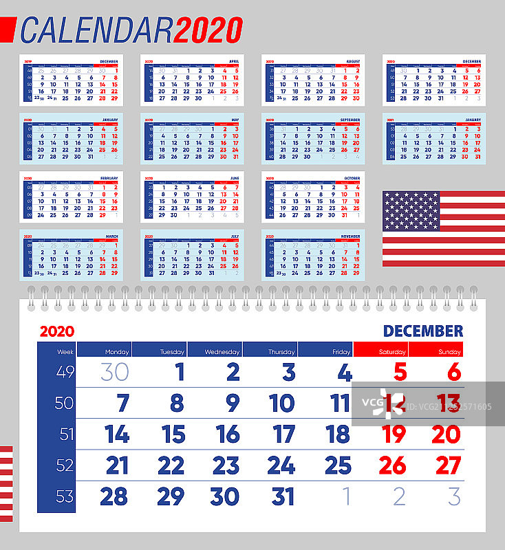 带周数的2020年季度日历图片素材