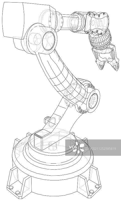 白色背景上的工业机器人机械手线框图片素材