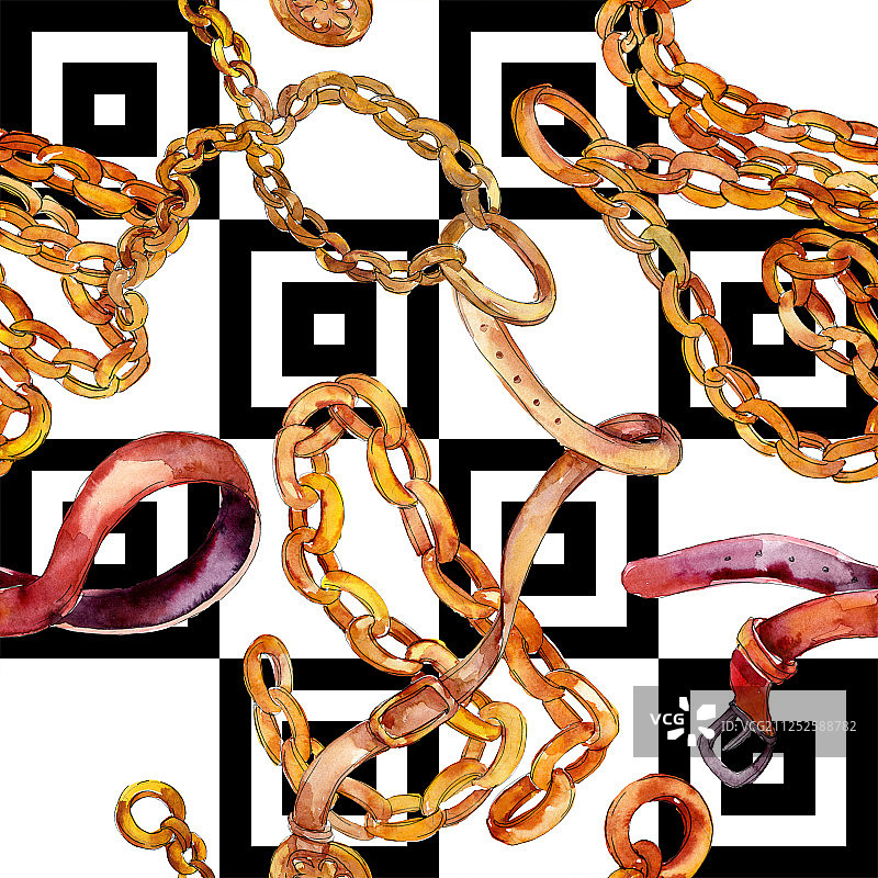 金色链条和皮革腰带速写魅力插图水彩插图集无缝背景图案图片素材