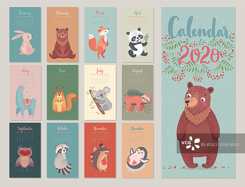 可爱的林地动物2020年日历图片素材