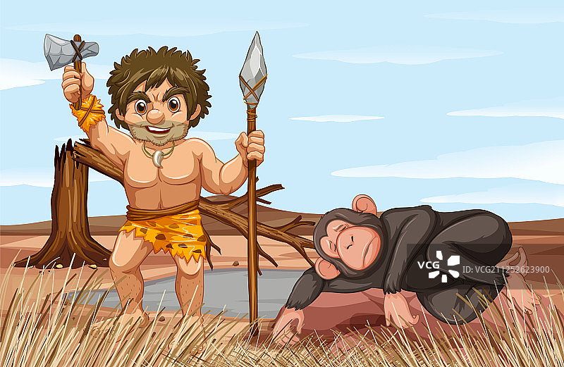 野外穴居人和猴子图片素材