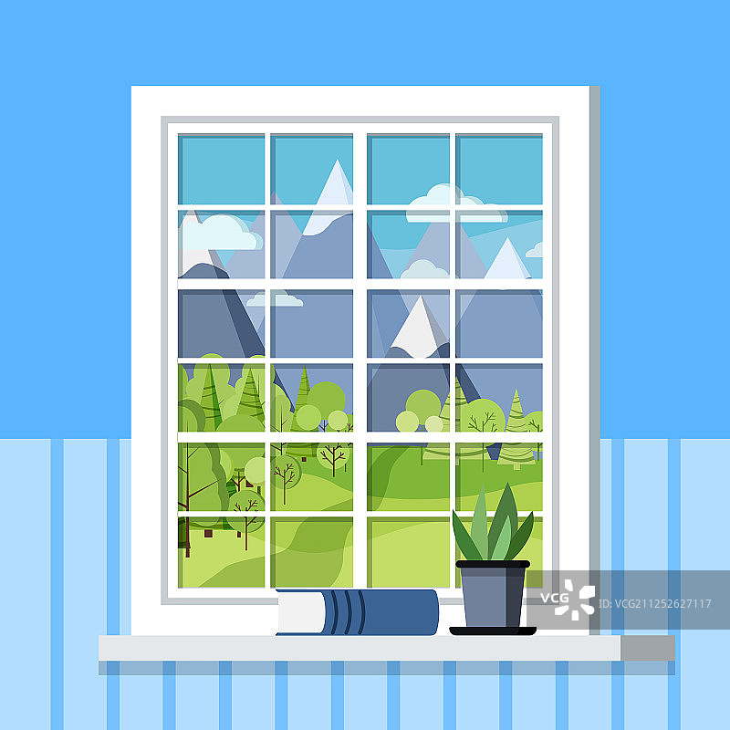 带植物的白色房间塑料窗框图片素材
