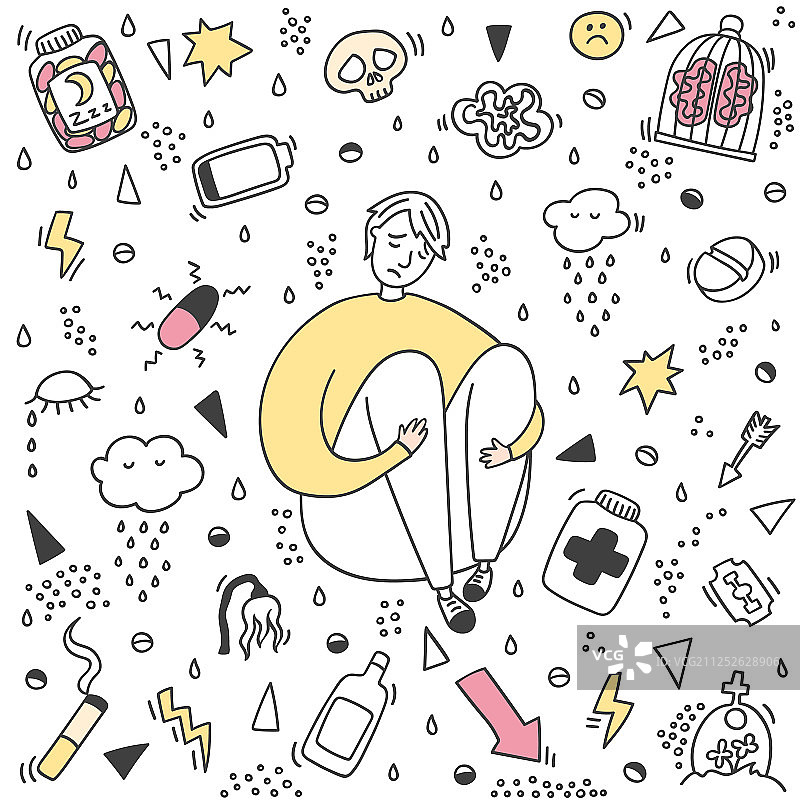 抑郁症男孩涂鸦：抑郁症的迹象和症状图片素材