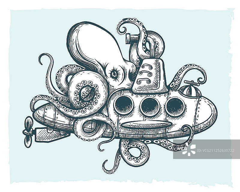 巨型章鱼与潜艇嬉戏图片素材