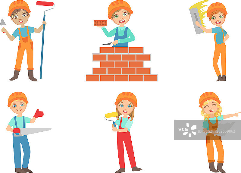 可爱儿童建筑工人套装男孩和女孩图片素材