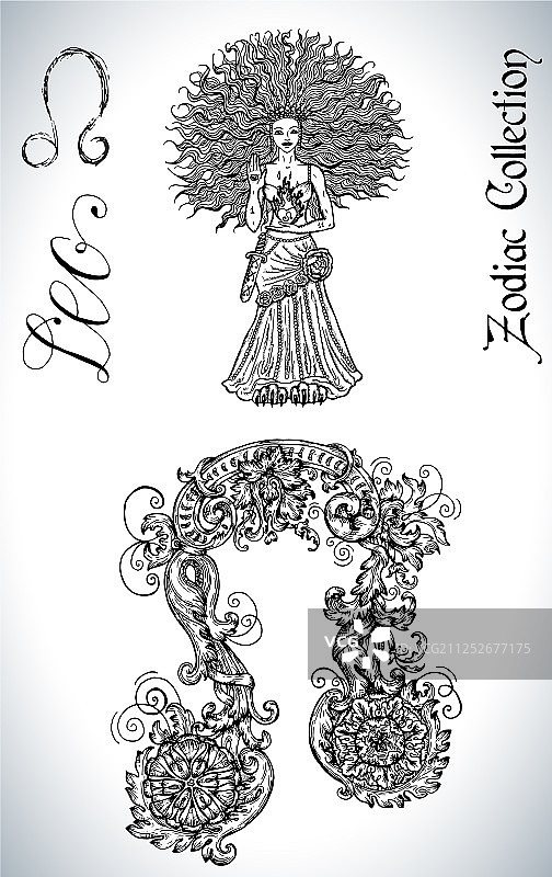 带有狮子座星座标志和吉祥物绘画的套装图片素材