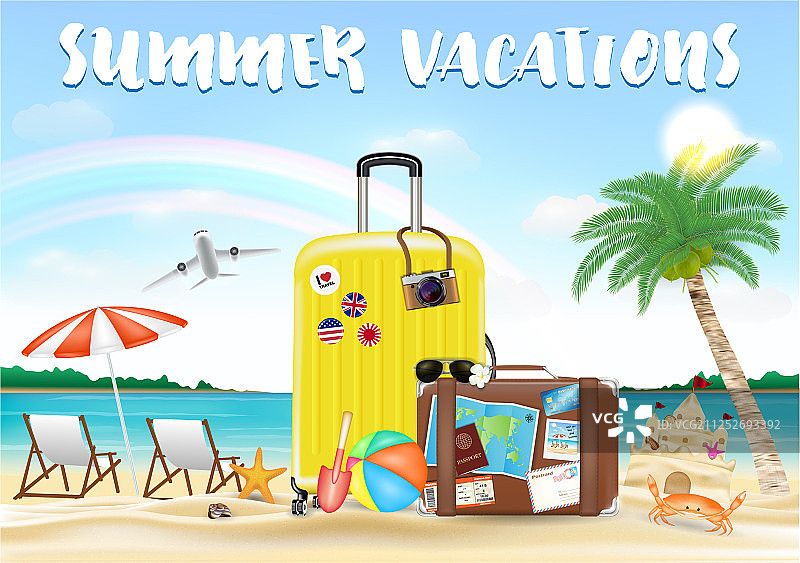 海边沙滩上的夏日旅行包图片素材