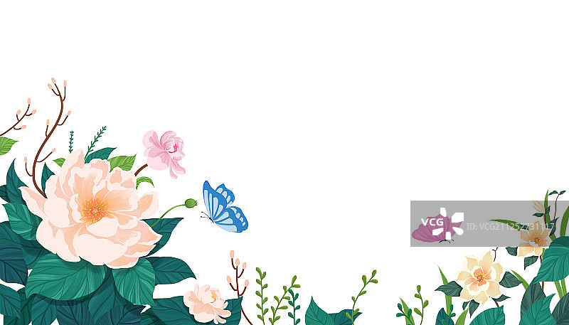 中国风花朵蝴蝶插画素材 盛开的花朵和飞舞的蝴蝶插画图片素材