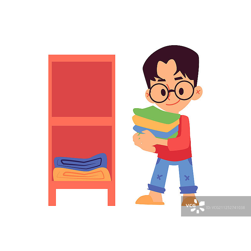 卡通男孩将叠好的衣服放在架子上图片素材