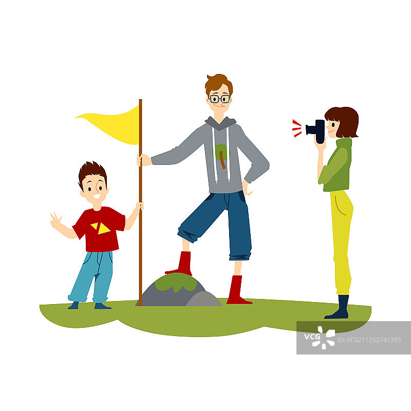 卡通家庭徒步旅行——男人自豪地摆姿势图片素材