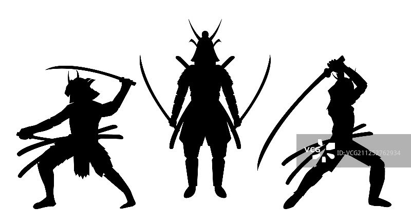 白色背景上的三个武士姿势剪影图片素材