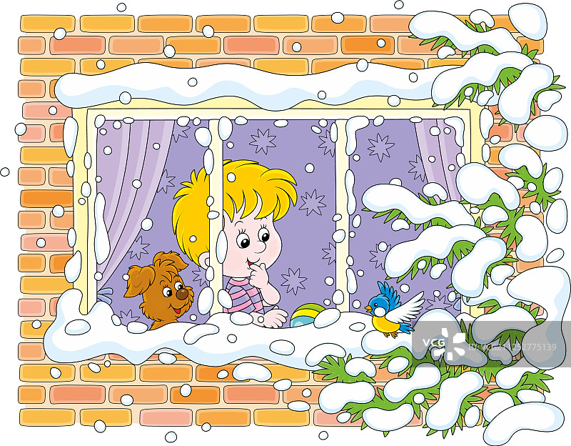 小男孩和小狗一起看小鸟图片素材