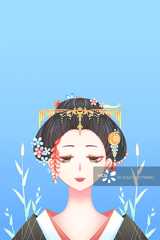 一位年轻的日本美丽艺妓女子头像，唯美风格的人物插画图片素材