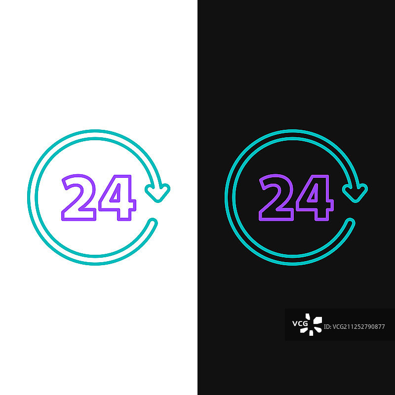 隔离的绿色和紫色线条24小时时钟图标图片素材