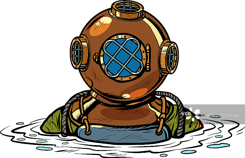 金属头盔中的复古深海潜水员图片素材